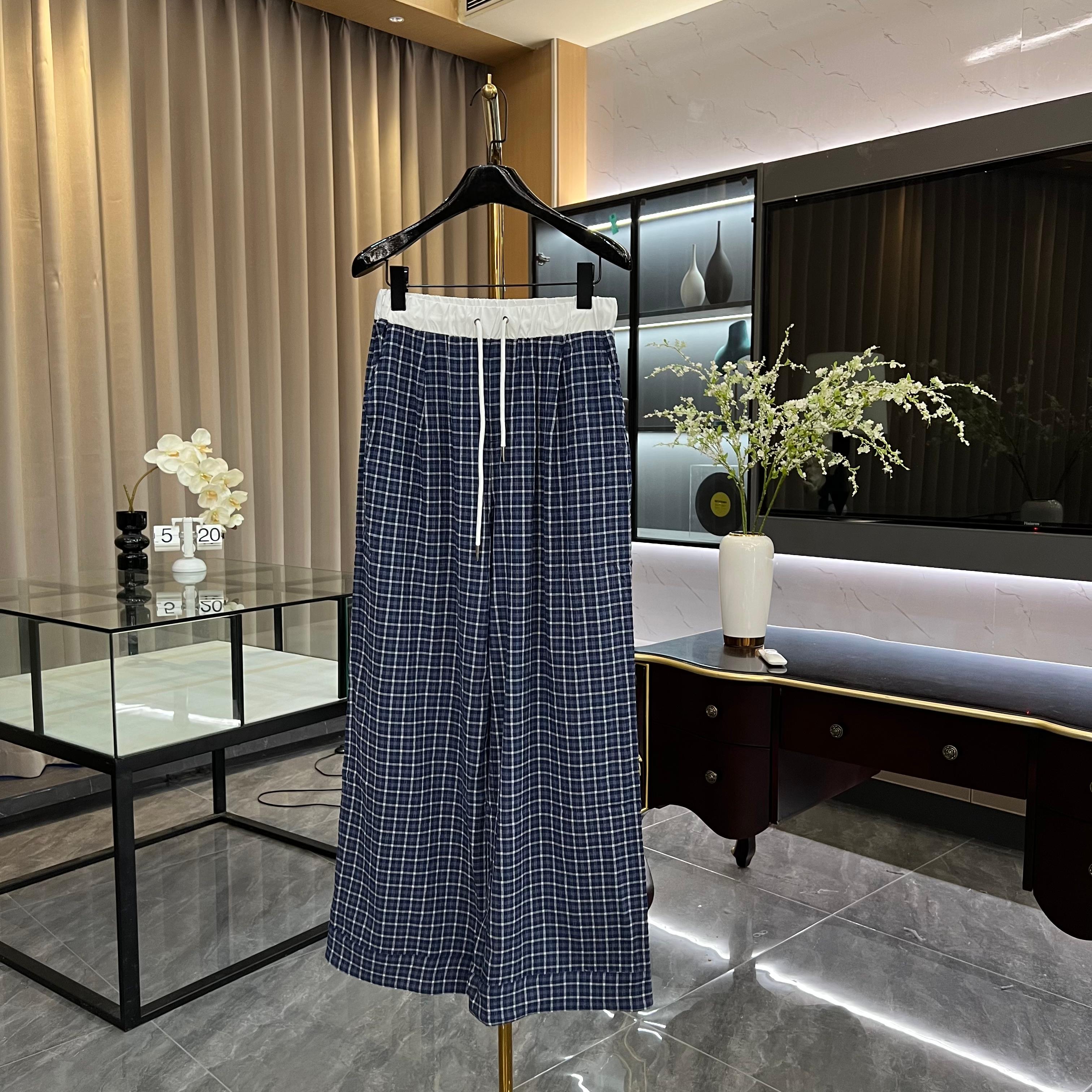 新【YS11255】轻盈蓝色松紧腰休闲裤女复古阔腿宽松女士格纹裤