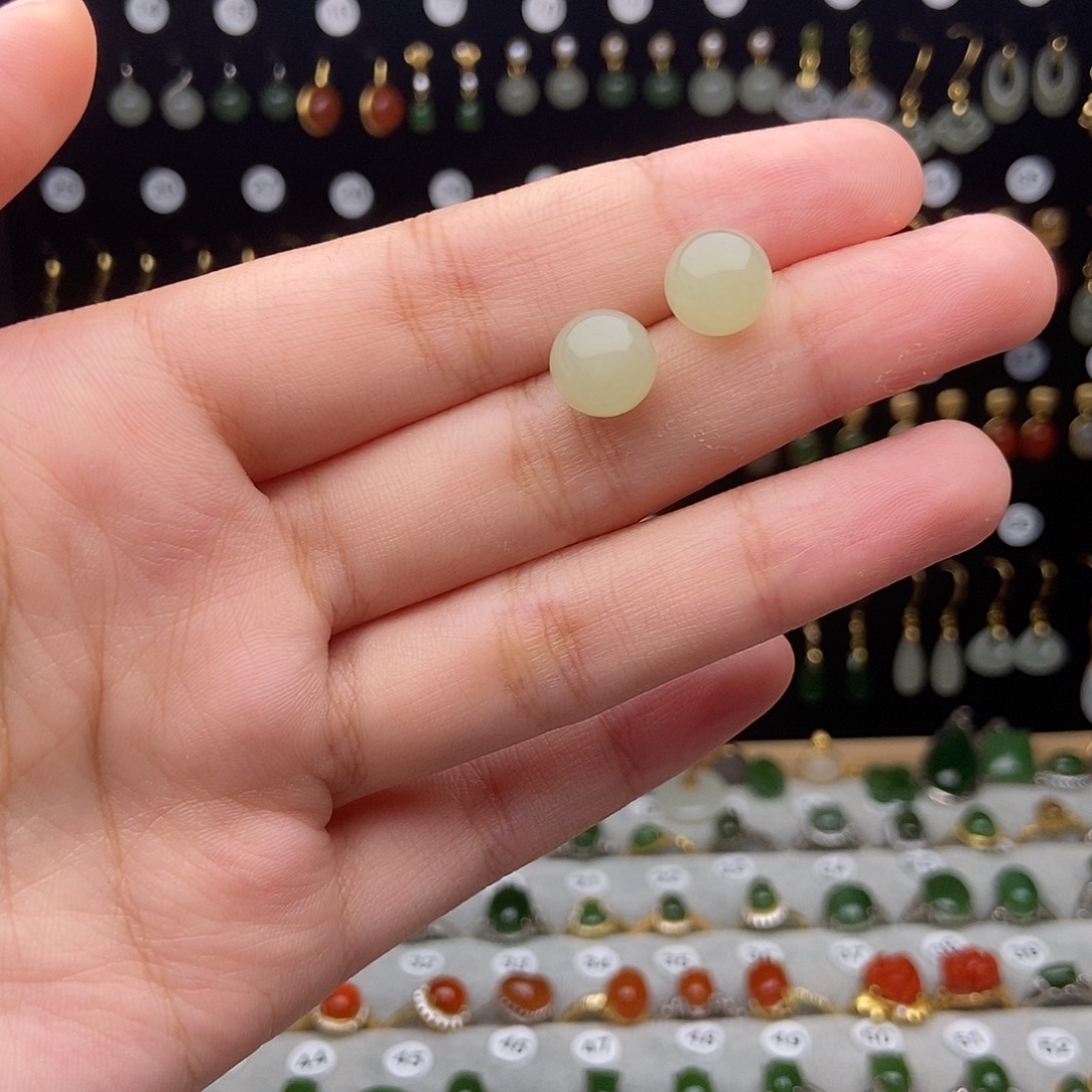 银S925镀金镶嵌和田玉耳饰
