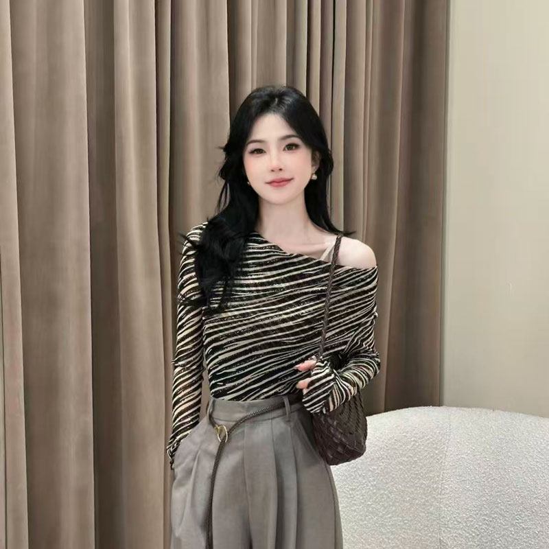 【朱朱家高定】设计感斑马纹长袖T恤女2025秋季新款打底衫上衣8487