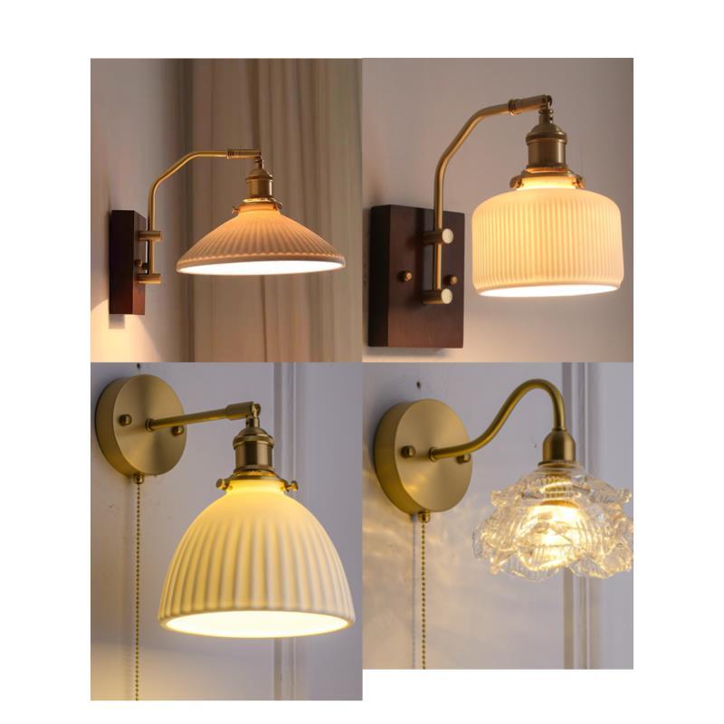 中古风客厅实木黄铜壁灯复古轻奢北欧陶瓷灯罩卧室床头壁灯过道灯