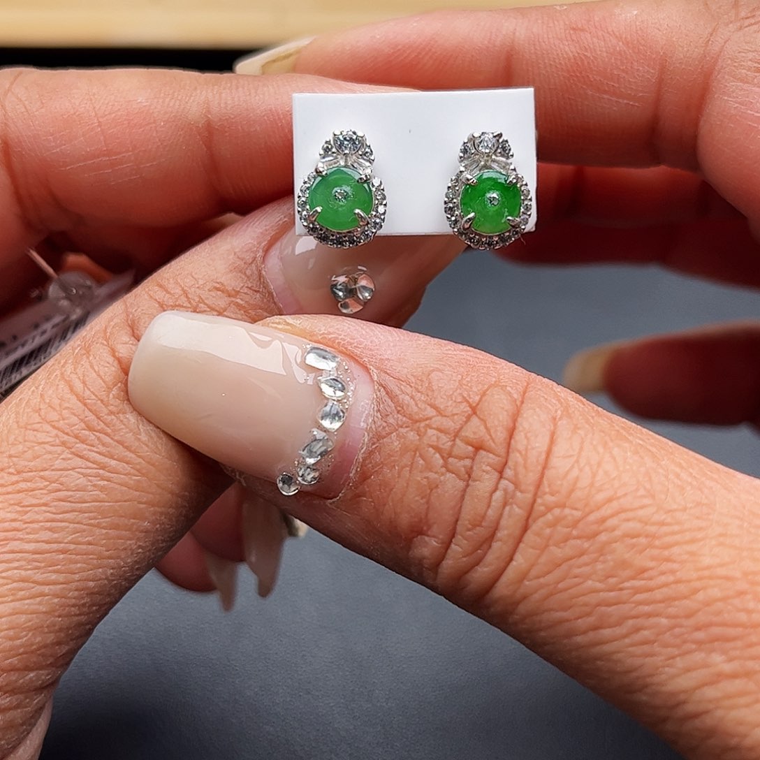 翡翠戒指银S925镶嵌缅甸天然A货翡翠耳钉