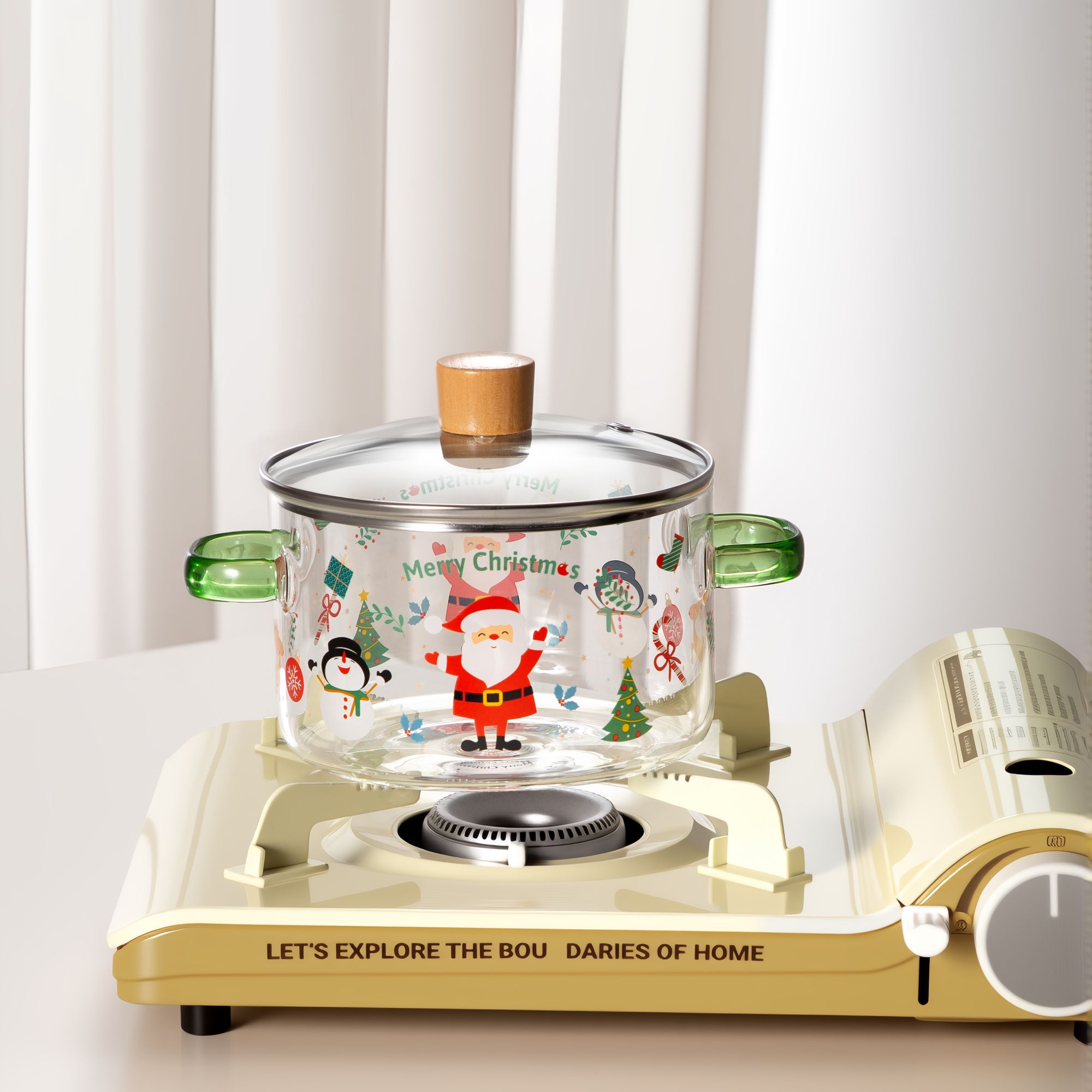 圣诞汤锅高硼硅玻璃碗炖锅有盖泡面碗炖汤煲带盖双耳碗明火可用