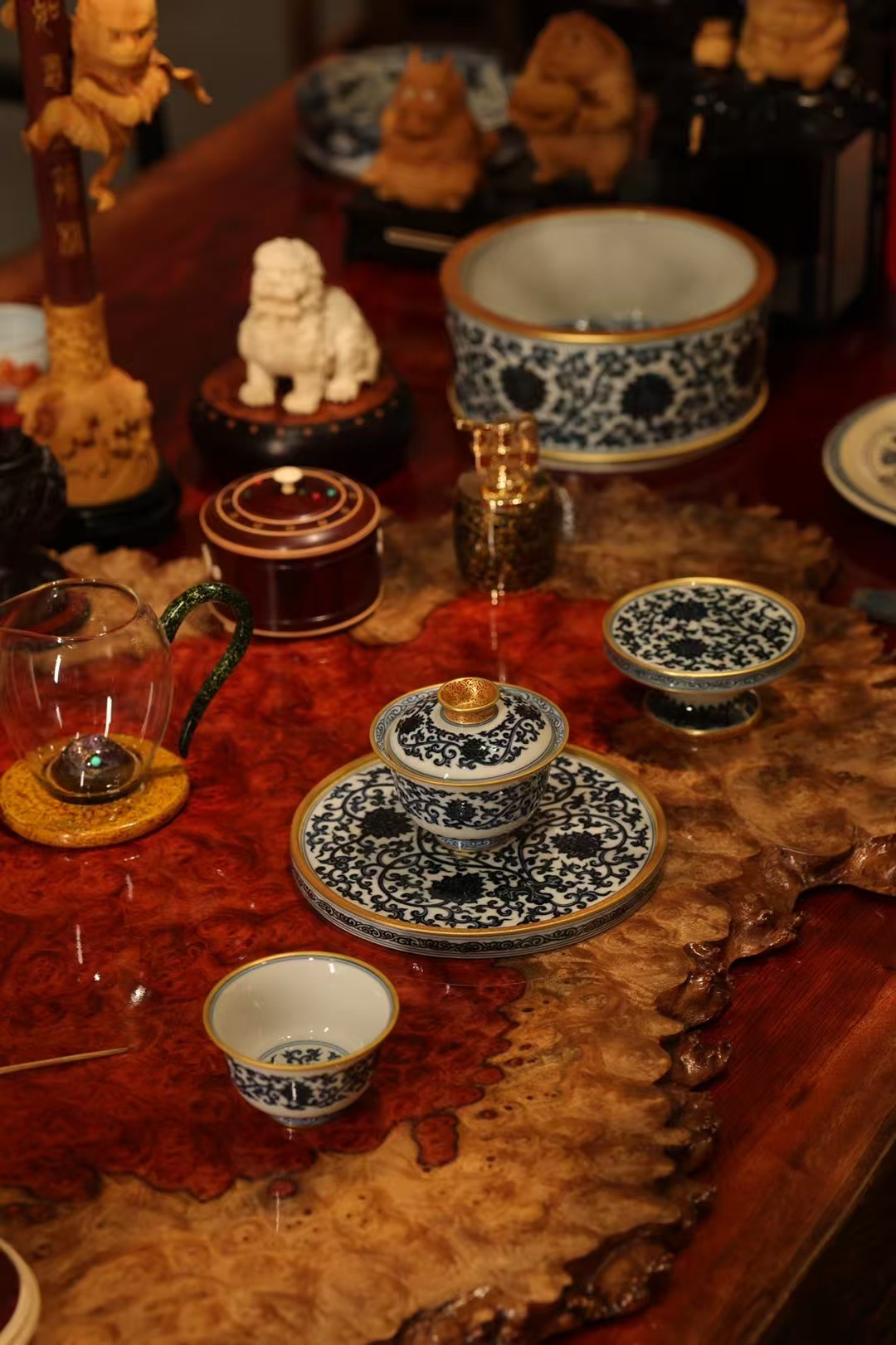 矾红青花缠枝莲中式手工套组五件套也可以单出茶杯家用陶瓷高档