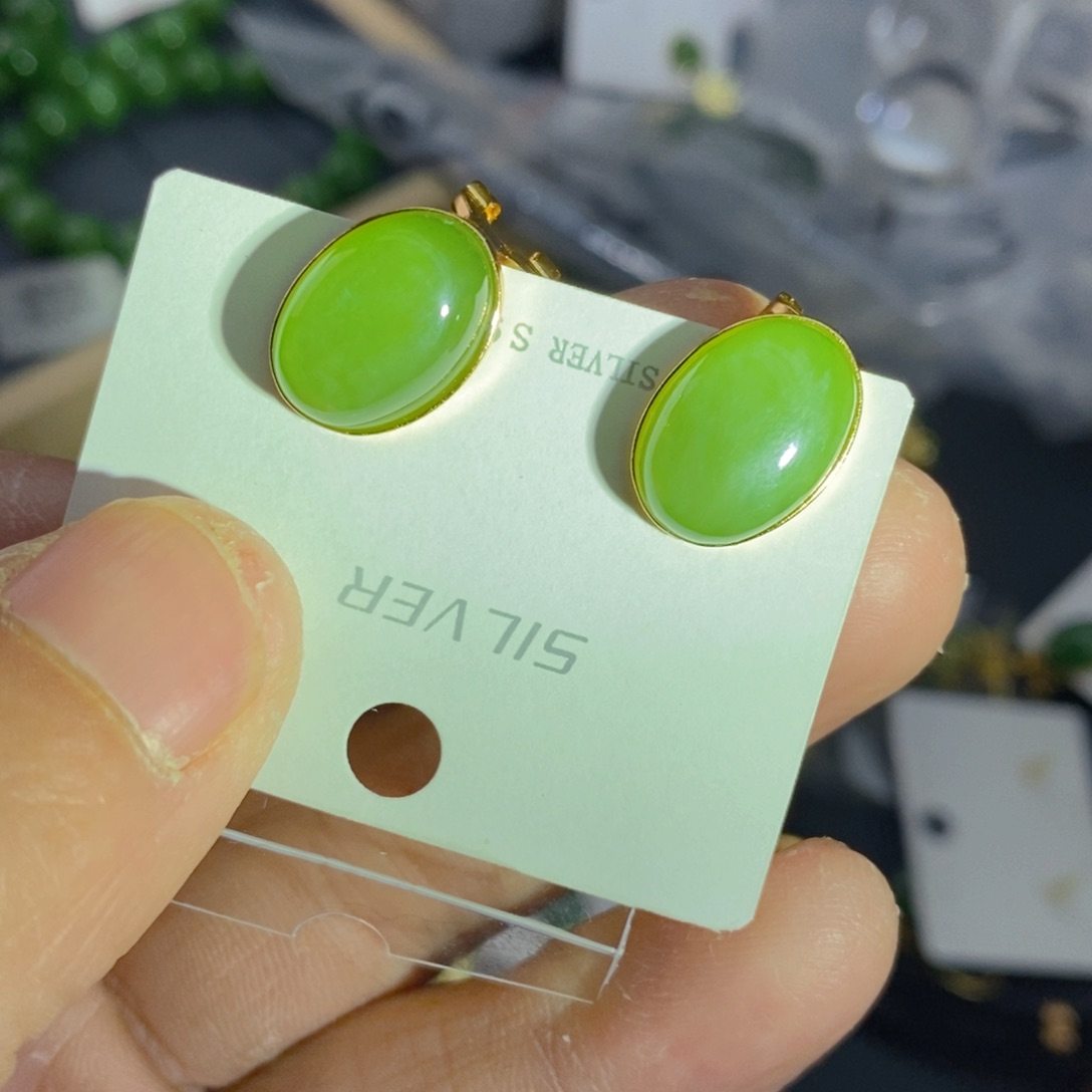 和田玉（碧玉）耳饰银S925镀金镶嵌