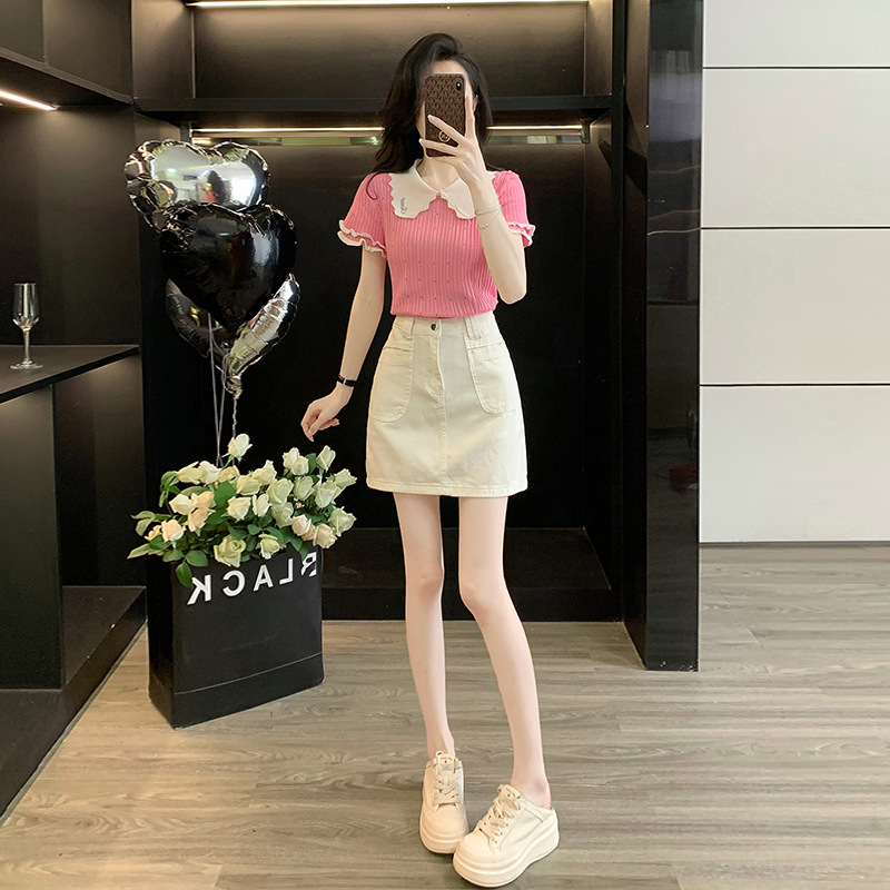 夏季穿搭一整套女装新款小香风气质显瘦撞色针织上衣白色牛仔裙潮