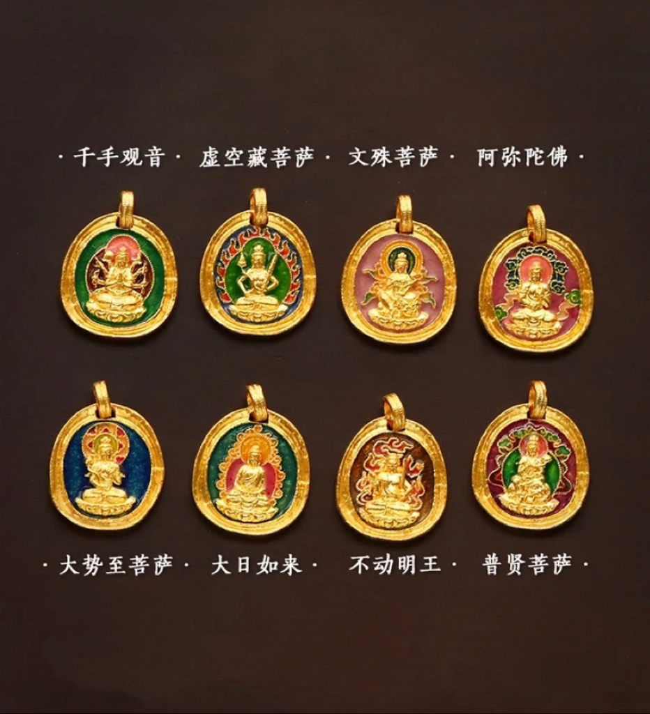 【钟吾黄金】足金999 非遗古法八大守护佛吊坠