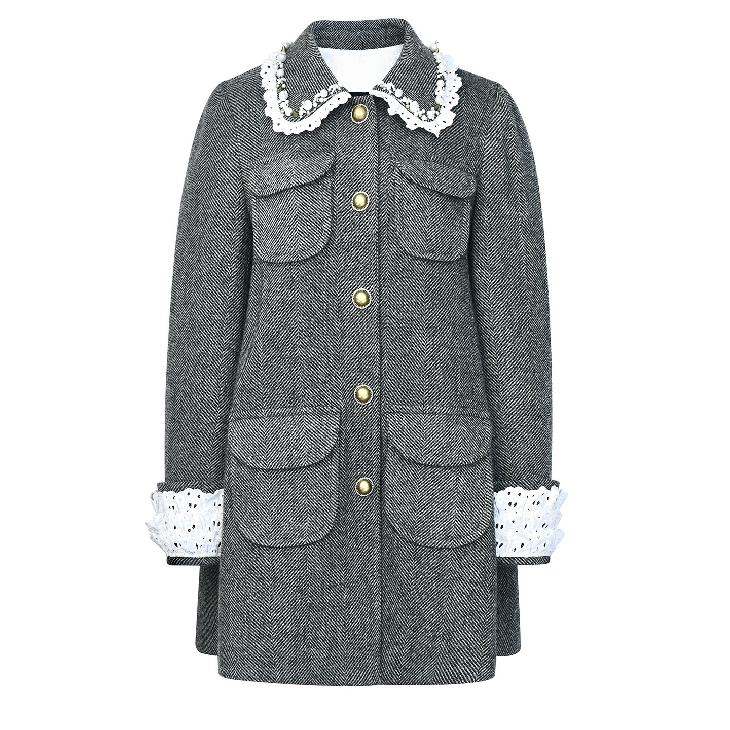 洛可可赫本风灰色羊毛呢大衣女娃娃领中长款外套