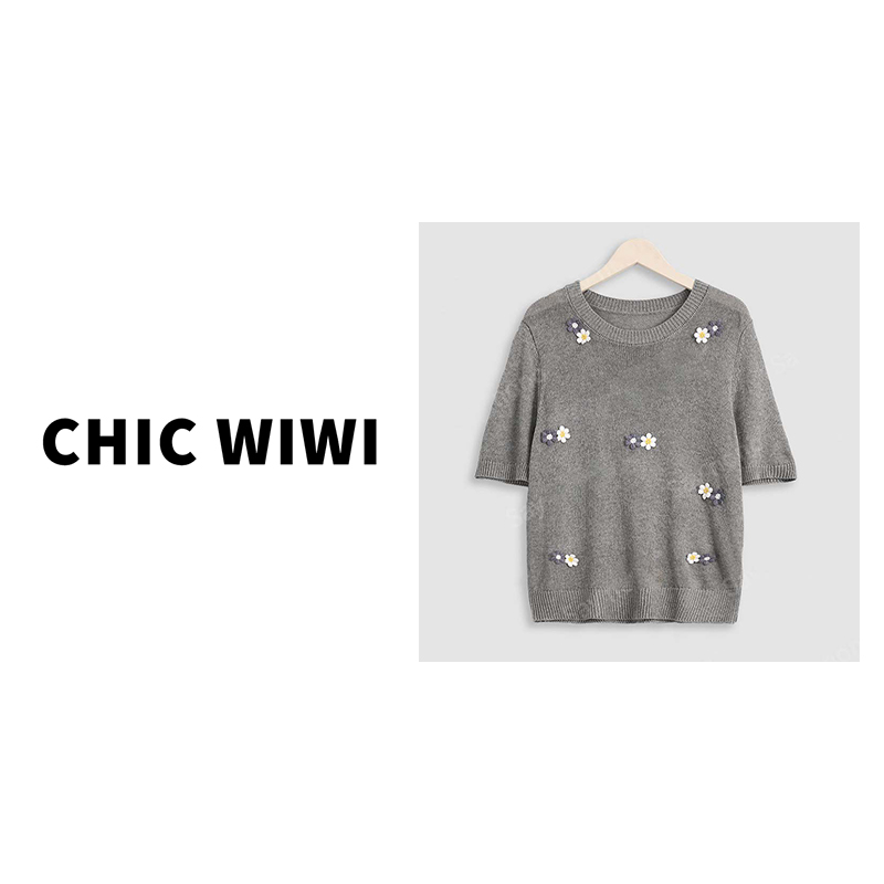 CHIC WIWI 天丝亚麻手工花朵短袖圆领针织衫 ZY034269