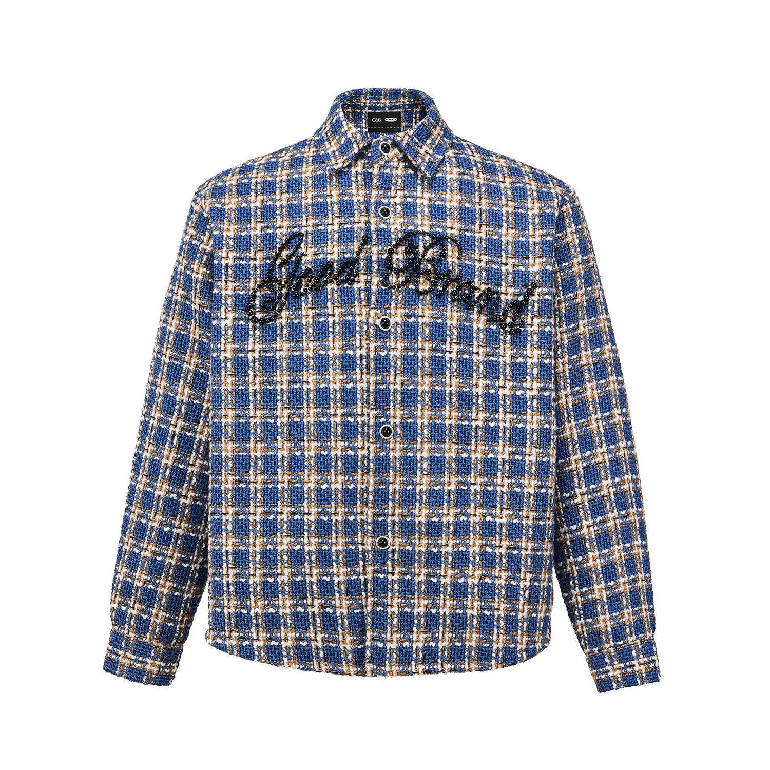 GB-GOODBRAND 2025FW 蓝色格纹黑珍珠标语小香风衬衫 男女同款