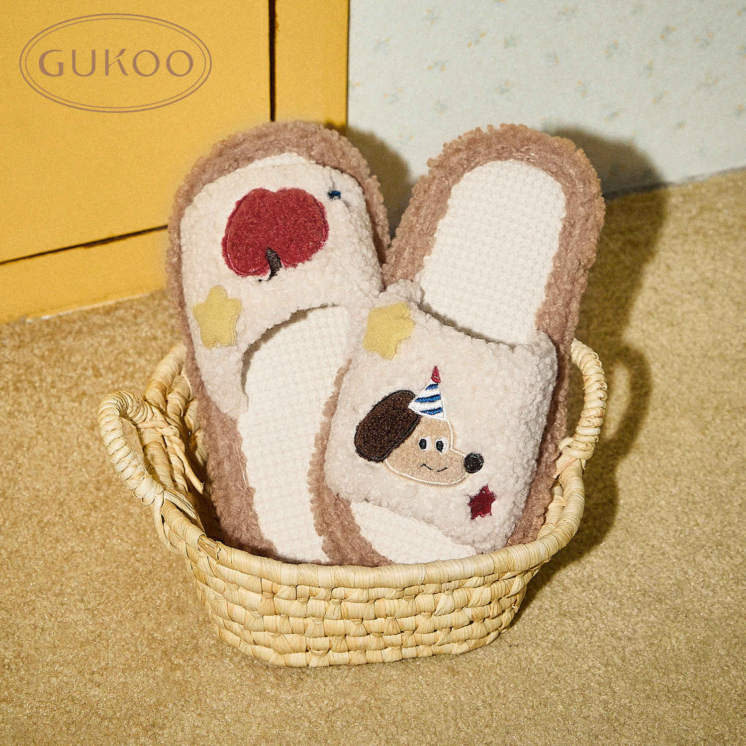 Gukoo/果壳小狗系列亚麻拖鞋居家卡通ins学生