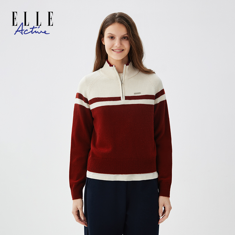 ELLE Active【含绵羊毛】半开高领毛衣撞色条纹拼接休闲女士针织衫