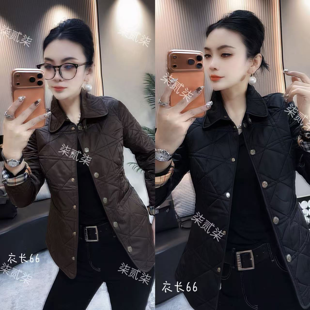 （柒贰柒服饰）25新款翻领菱形格棉服外套休闲修身百搭秋冬短款女装