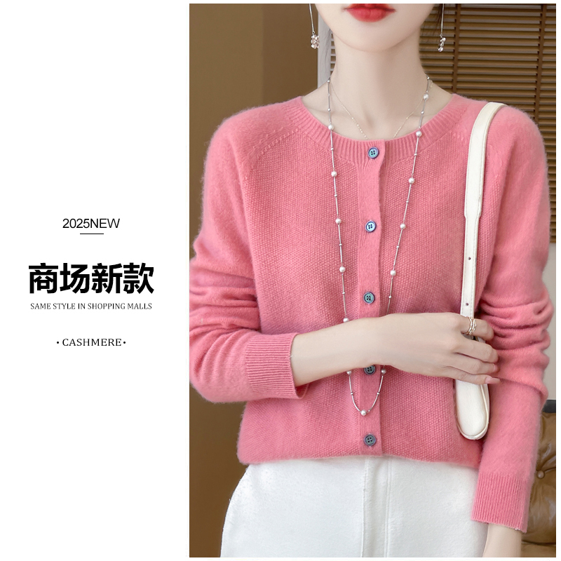 【商场新款】一线成衣100%纯羊毛圆领长袖宽松针织开衫外套女R419