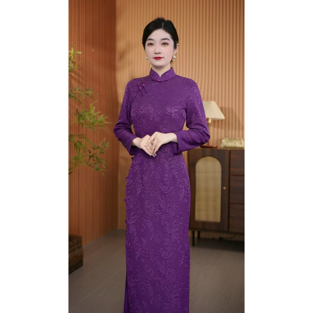 【秋香紫】全开襟衣长125冬季加绒古法新款长款显瘦高档旗袍