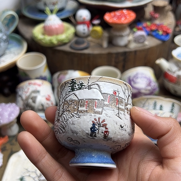 手绘买冰糖葫芦雪景杯