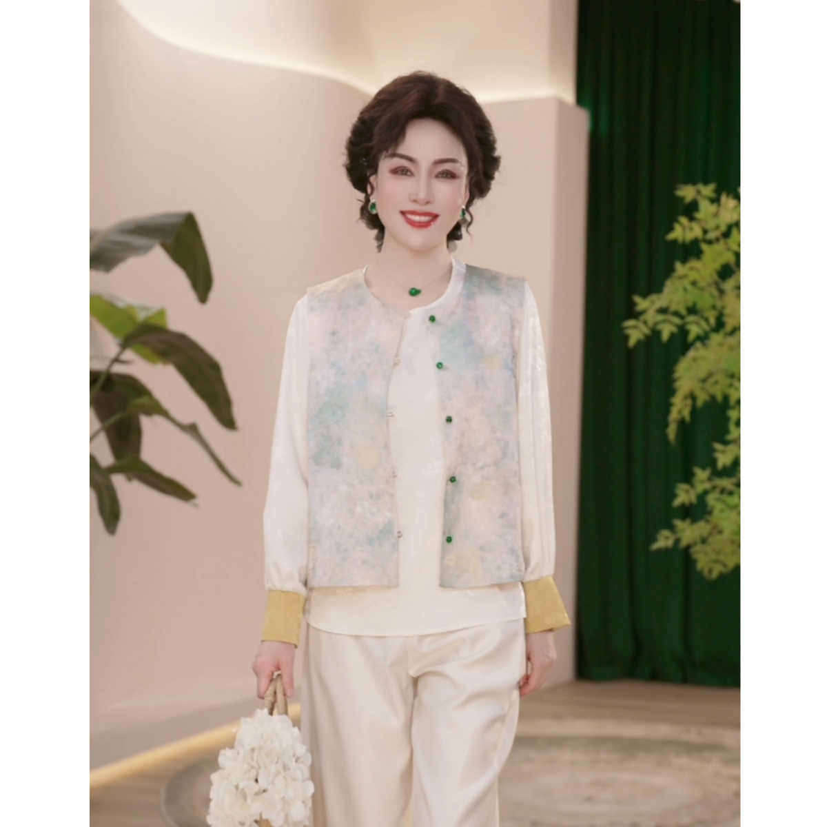 妈妈装春夏装薄款时尚复古国风缎面两件套中老年女装中年洋气套装