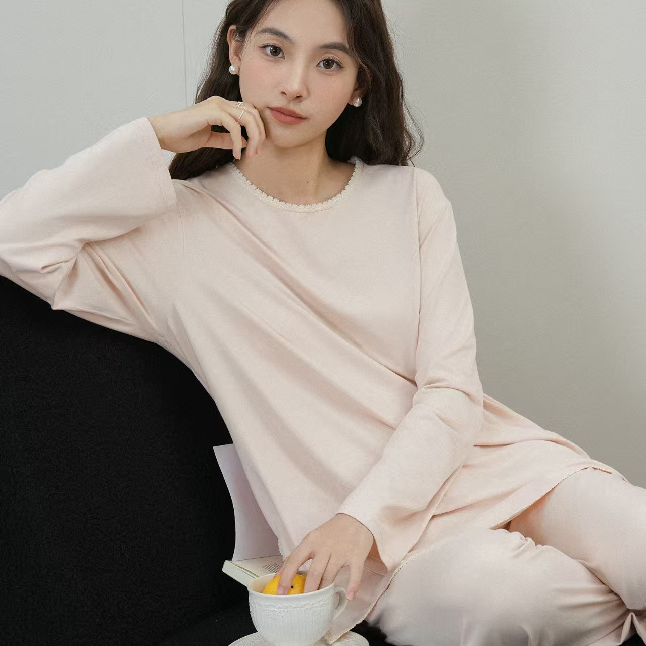 女士春秋款圆领长袖长裤可外穿舒适睡衣套装