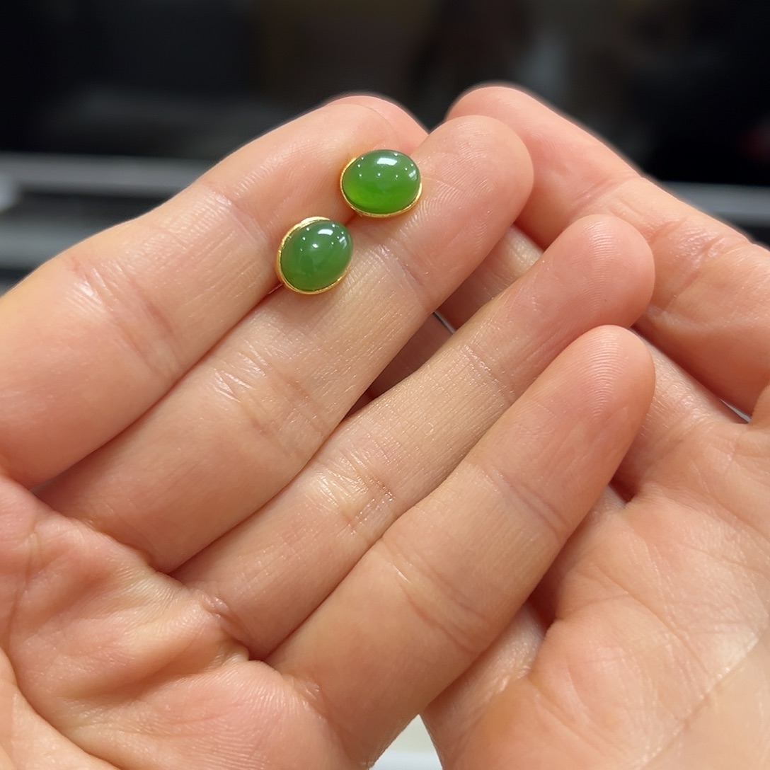 和田玉耳饰6×9银S925镶嵌青**约