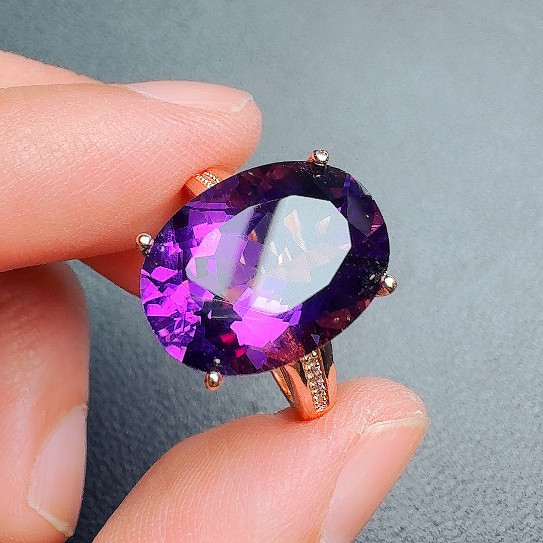 新款天然S925银深紫乌拉圭紫水晶戒指主石12*16尺寸