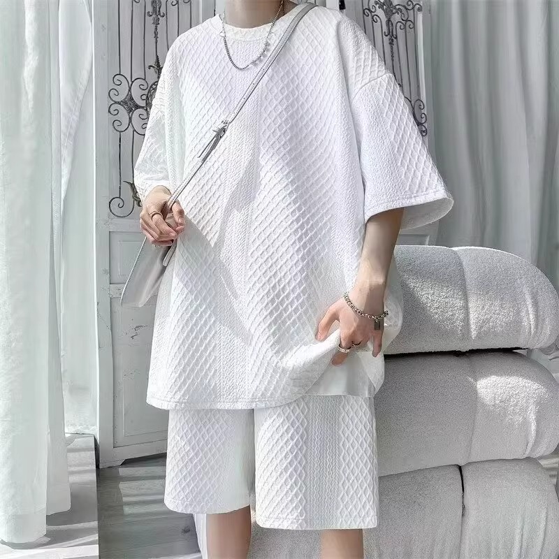 美式运动服男套装夏季青少年华夫格短袖短裤两件套休闲装搭配一套