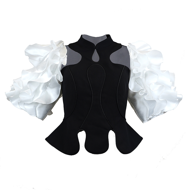 SUNGDOGIN2025S/S黑白拼色荷叶袖新中式镂空设计礼服上衣25SC037