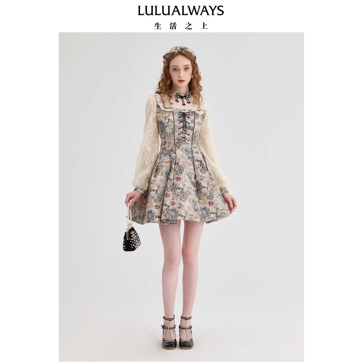 LULUALWAYS【商场同款24秋季复古公主风高腰显瘦印花连衣裙LPC5087