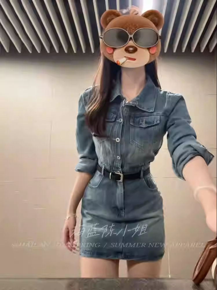 韩系复古水洗牛仔连衣裙女2025早秋新款设计感小个子气质显瘦裙子