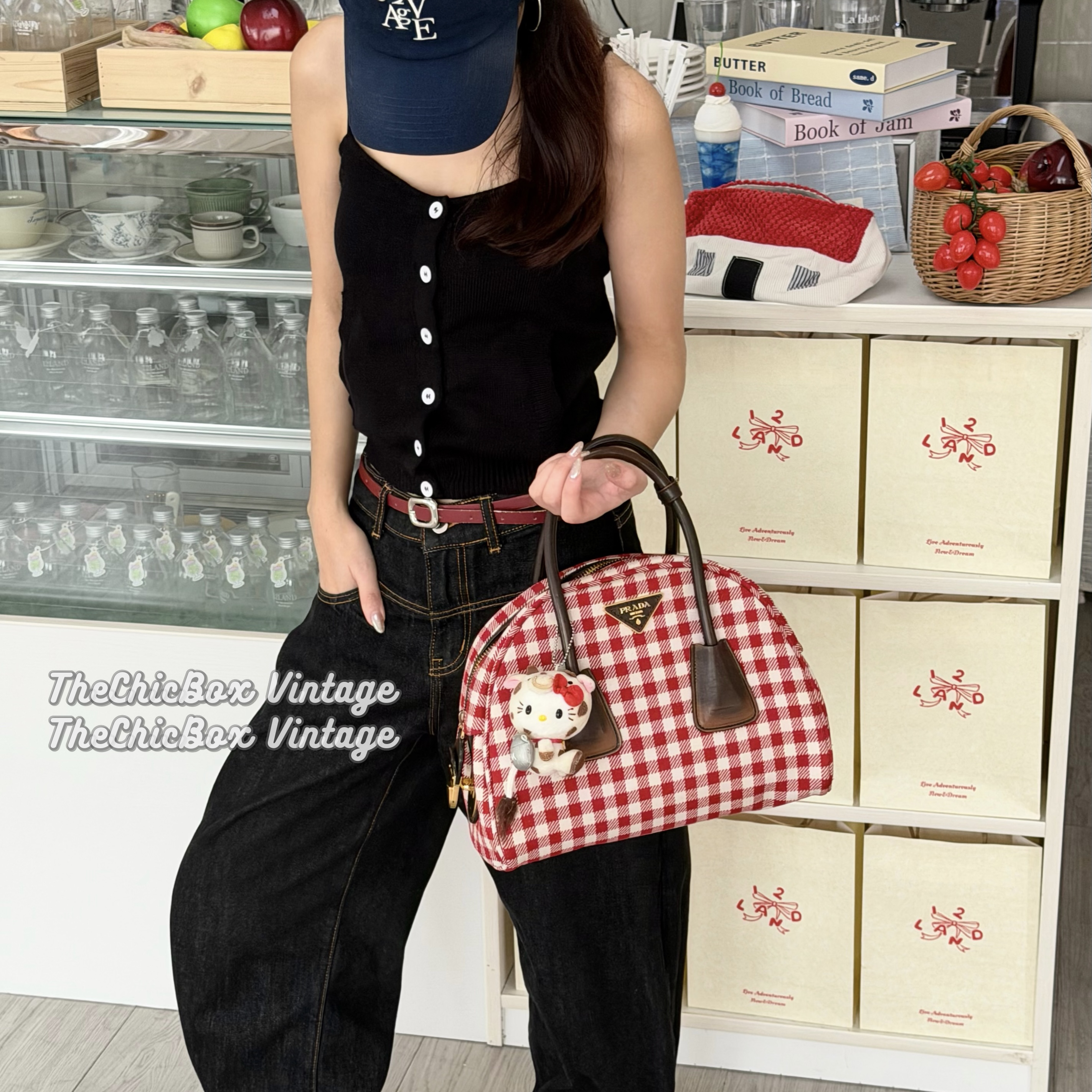 95新 Prada/普拉达 只盒/Prada红白格纹稀有mini保龄球手提包