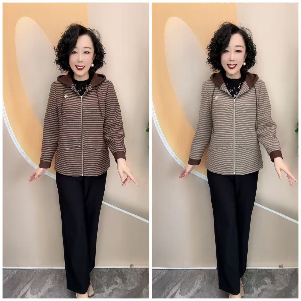 2519新款中老年妈妈加里衬时尚宽松大码帽休闲外套，衣长65
