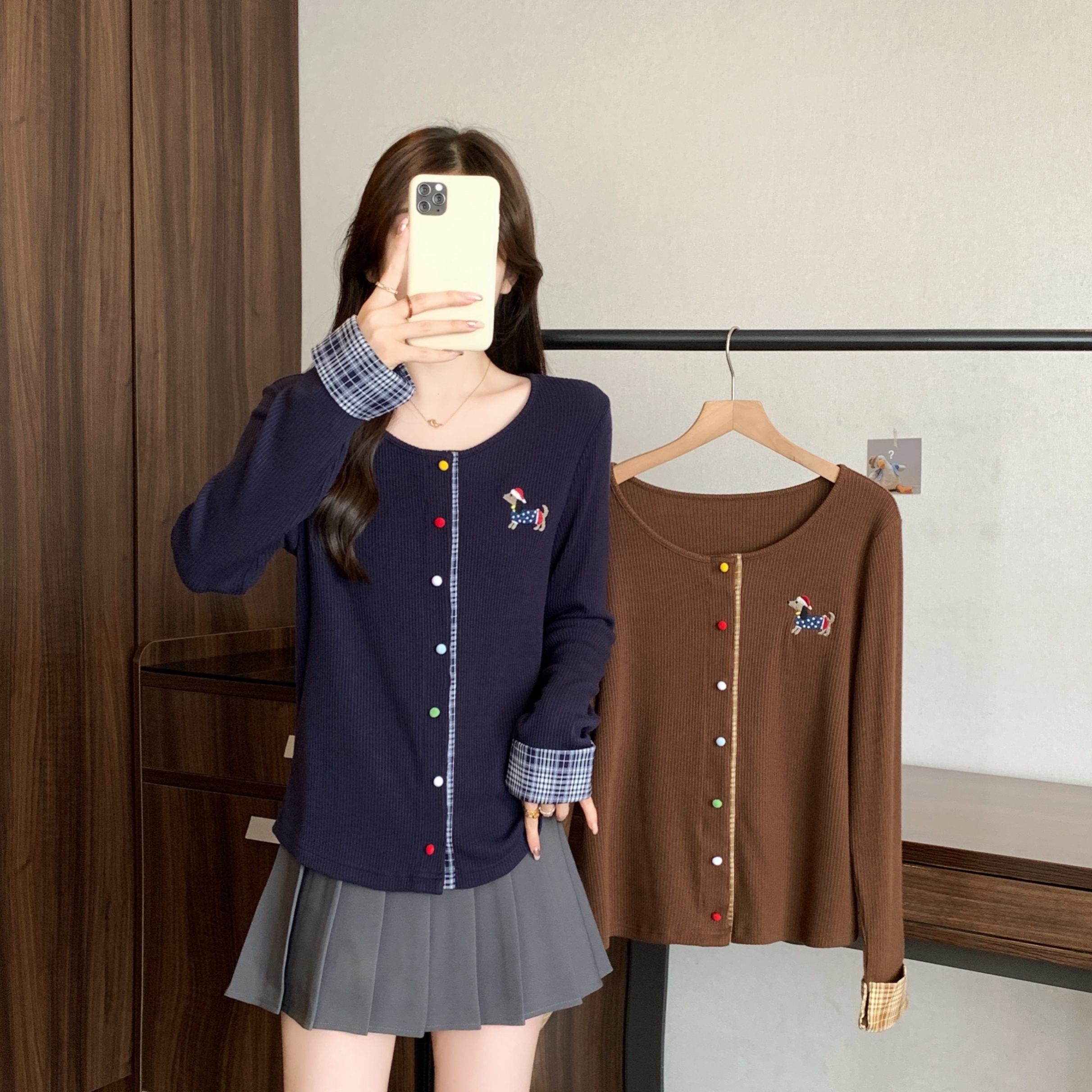 清2025秋季款大码学院风卡通小狗刺绣长袖T恤假两件打底上衣80268