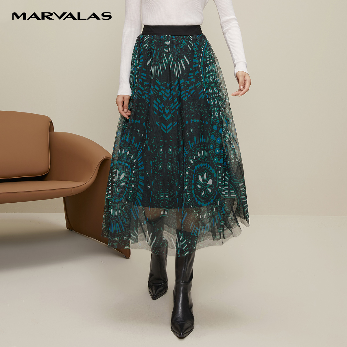 【丽公主】曼德诗绿花飘逸半身裙印花图案a字裙灵动长裙M230687