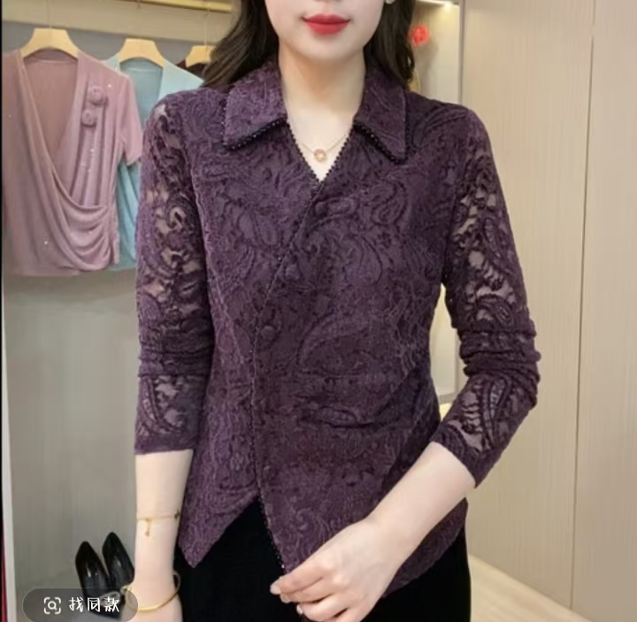 蕾丝衬衫女2025秋季新款翻领休闲时尚百搭显瘦减龄气质蕾丝打底衫
