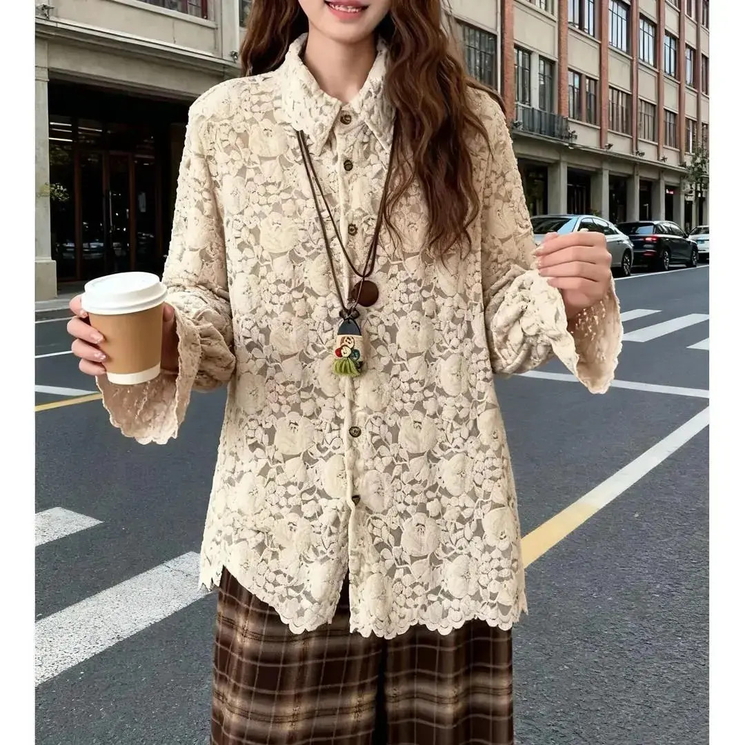 上衣秋季气质时尚百搭宽松设计感新款时尚中长款蕾丝衬衫女