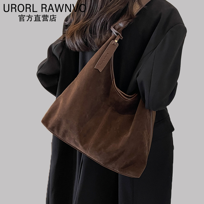URORL RAWNVO大容量包包女2025新款麂皮绒面单肩包秋冬水桶托特包
