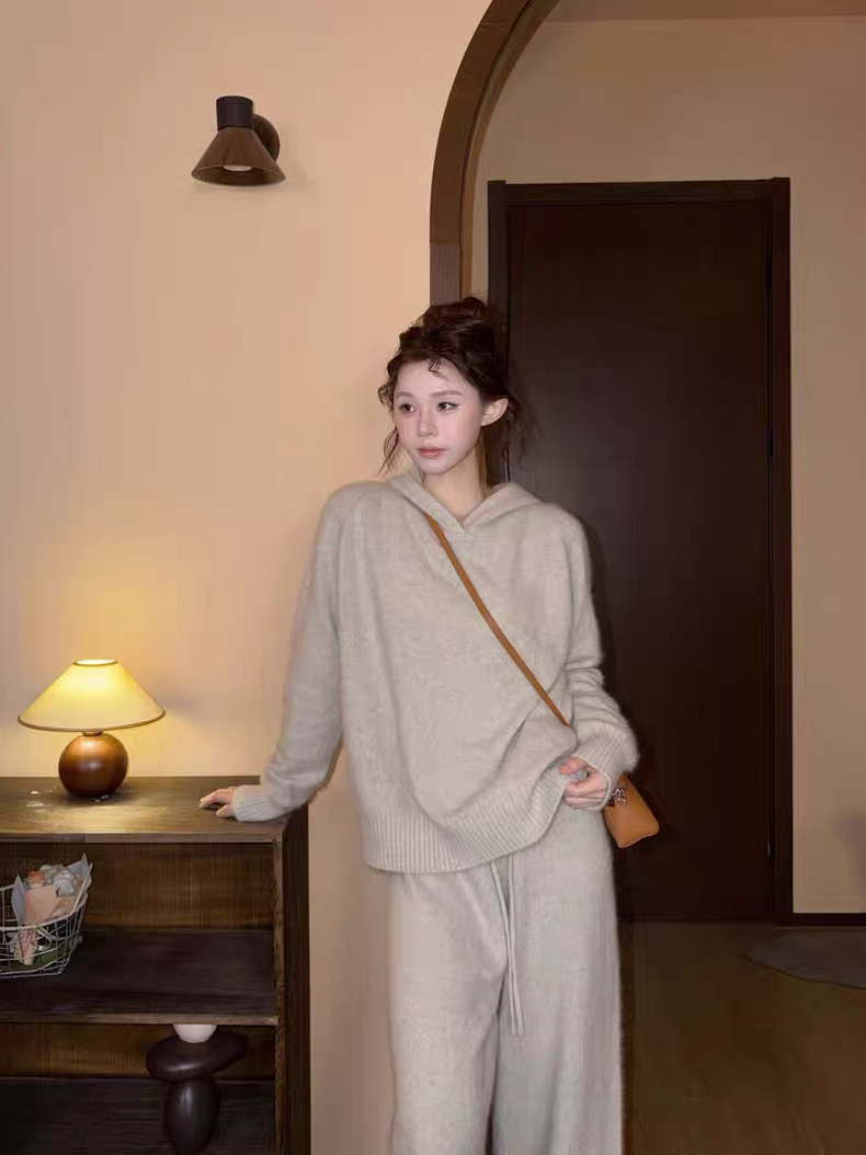 2025新款【羊毛 浣熊绒】慵懒风灰色针织套装2025软糯上衣阔腿裤