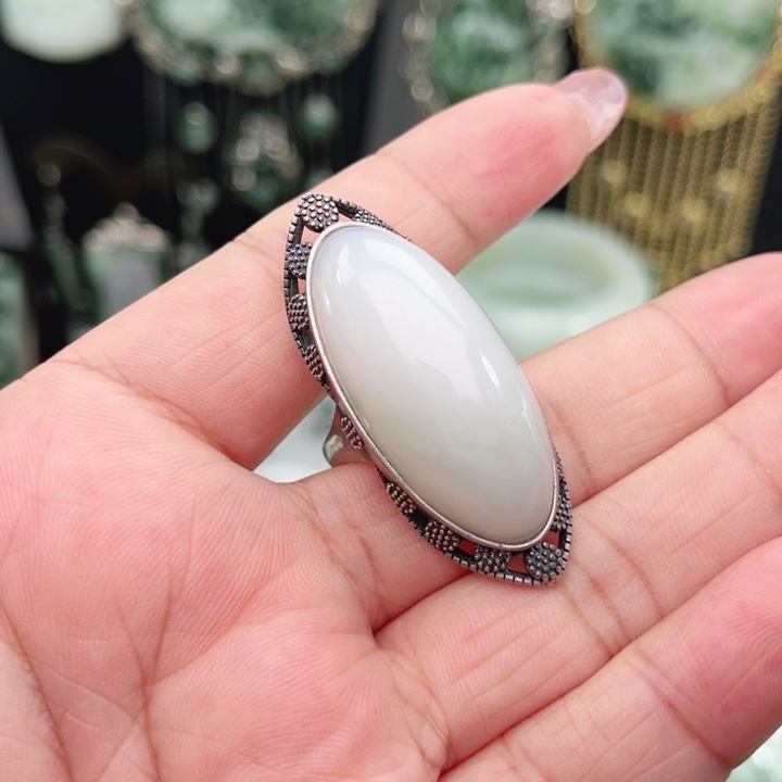 叶***可透闪石-蛇纹石玉银S925镶嵌戒指