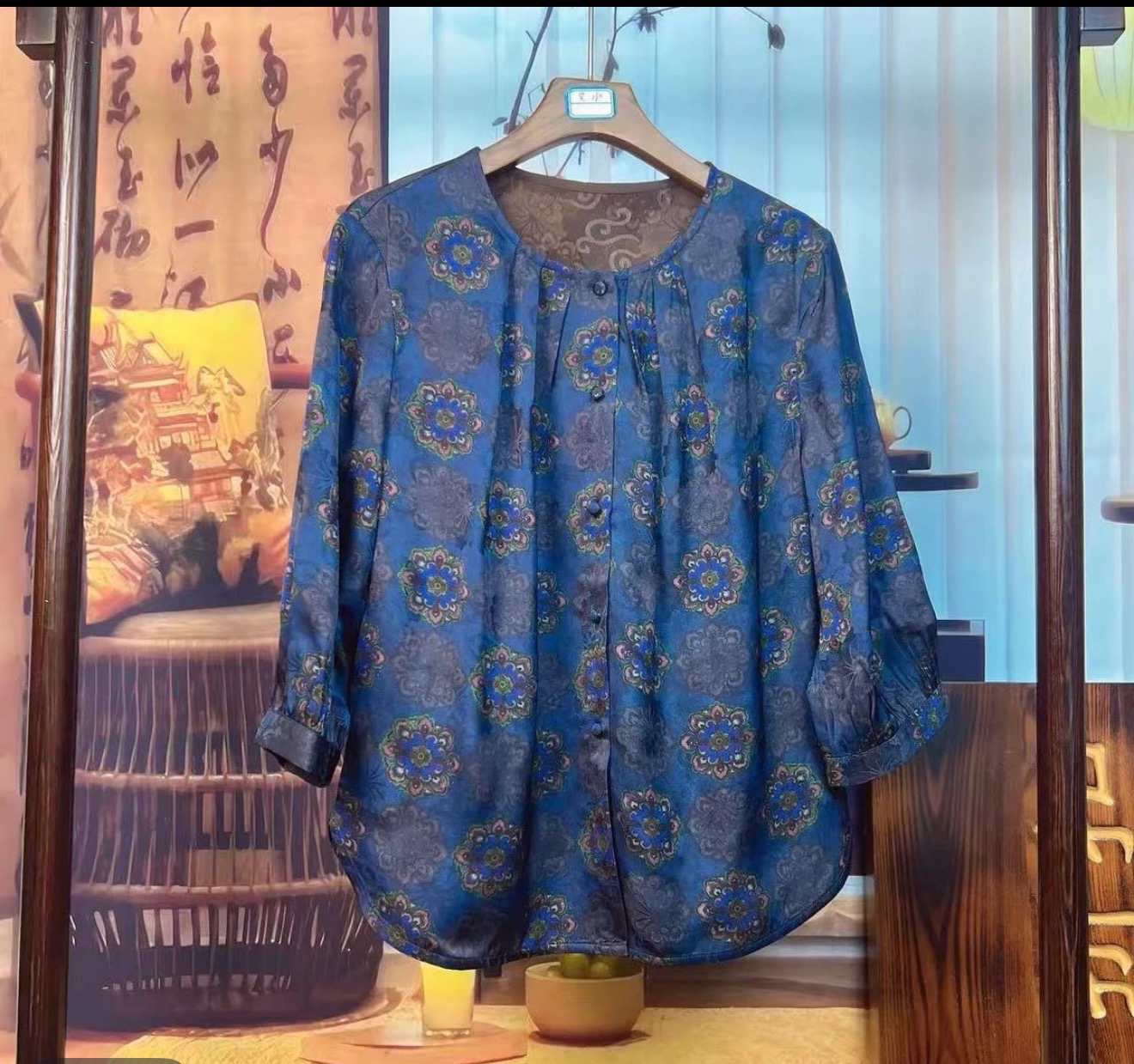 桑蚕丝香云纱新中式宝相花蓝色开衫外套Ms2