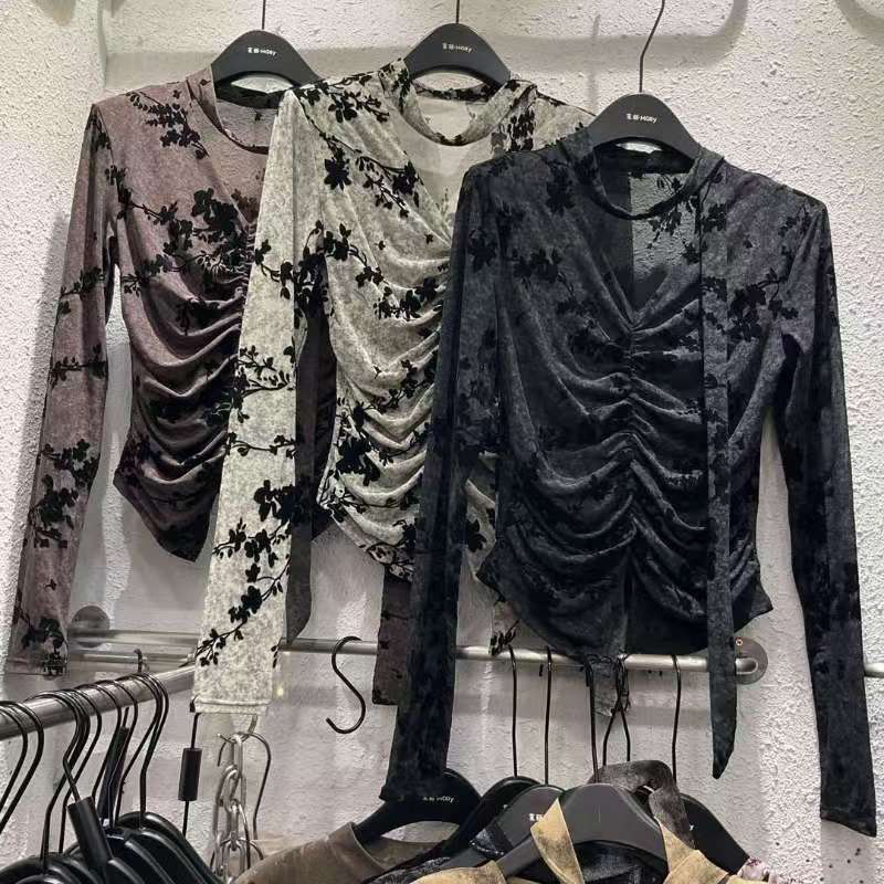 秋冬韩版性感v领系脖扎染长袖女显瘦打底衬衣上衣