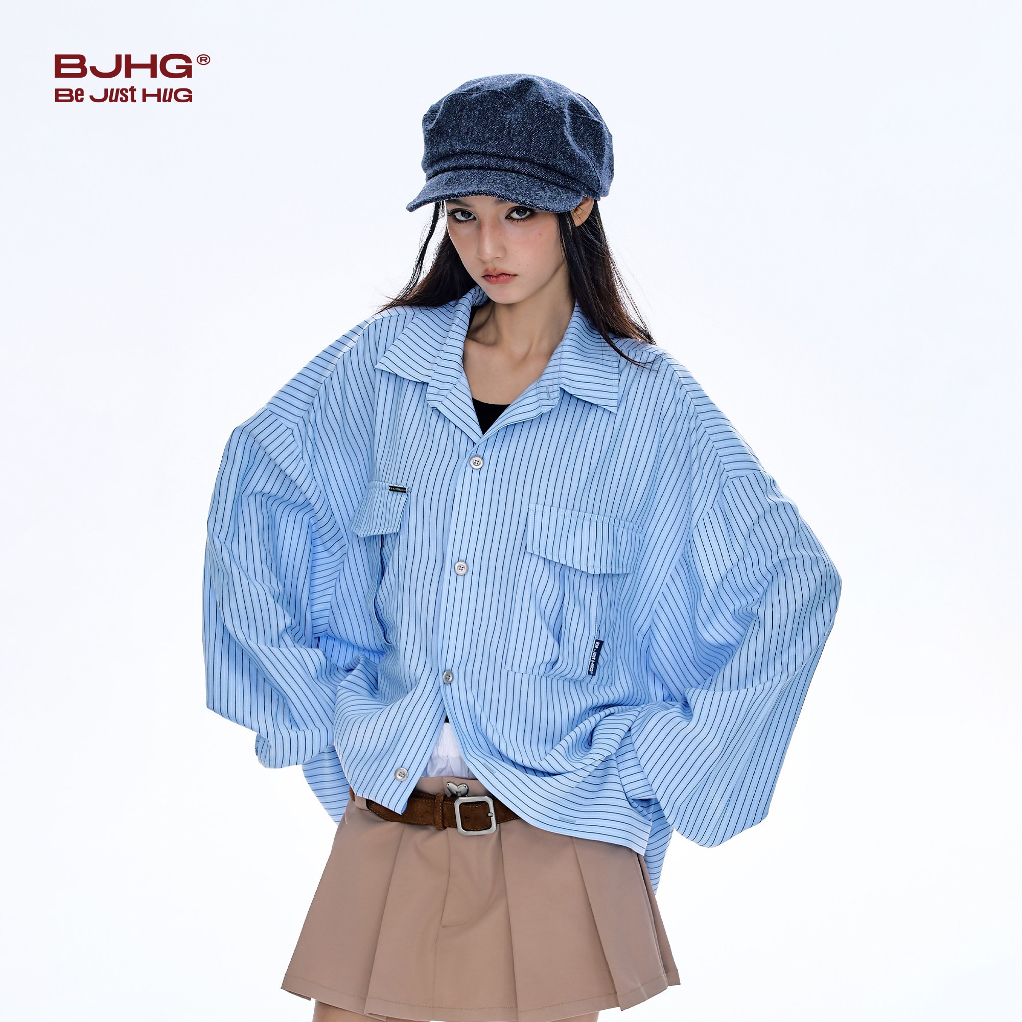 BJHG不计后果条纹长袖衬衫外套男春季新款休闲上衣百搭叠穿衬衣女