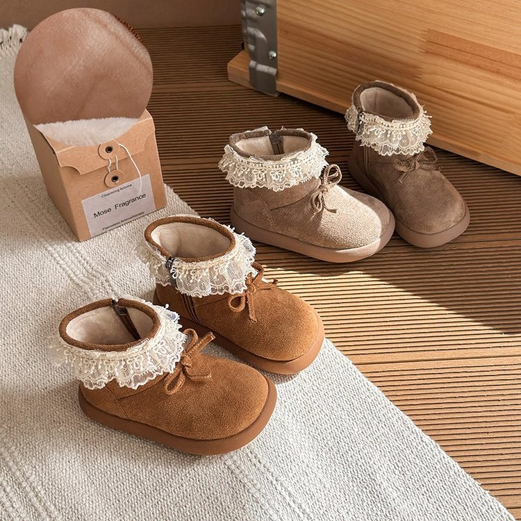 女童公主靴25冬季儿童蕾丝边勃肯靴加绒保暖棉鞋女宝防滑厚底短靴