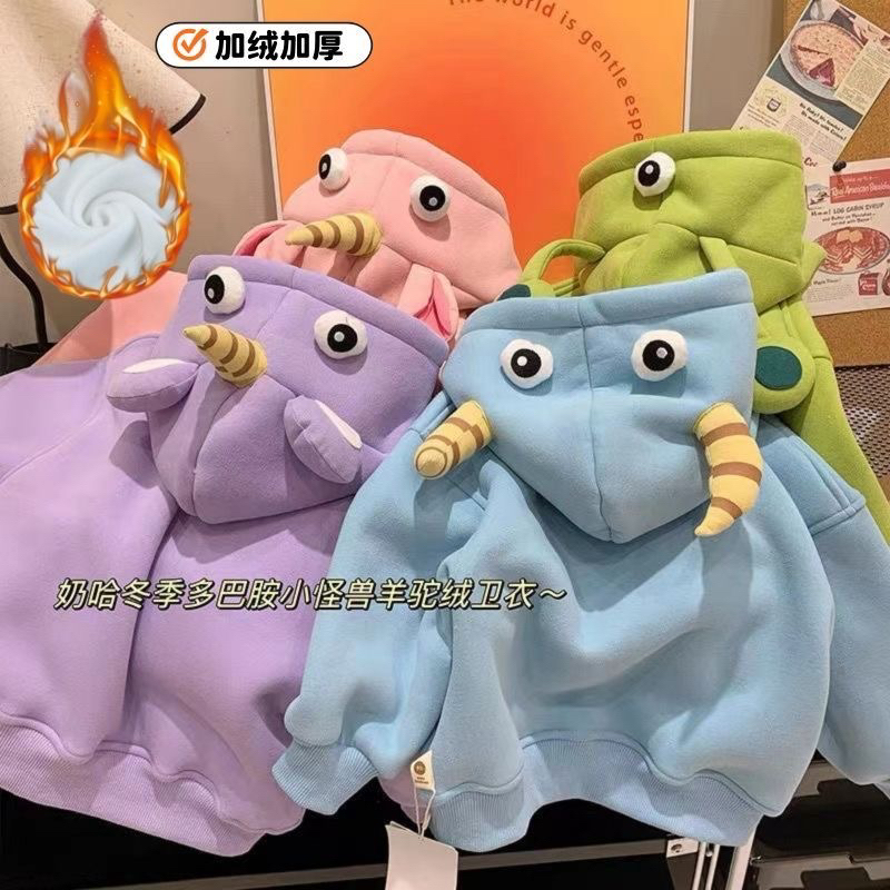 儿童加绒卫衣女宝宝可爱立体卡通连帽衫2025冬款男童保暖上衣