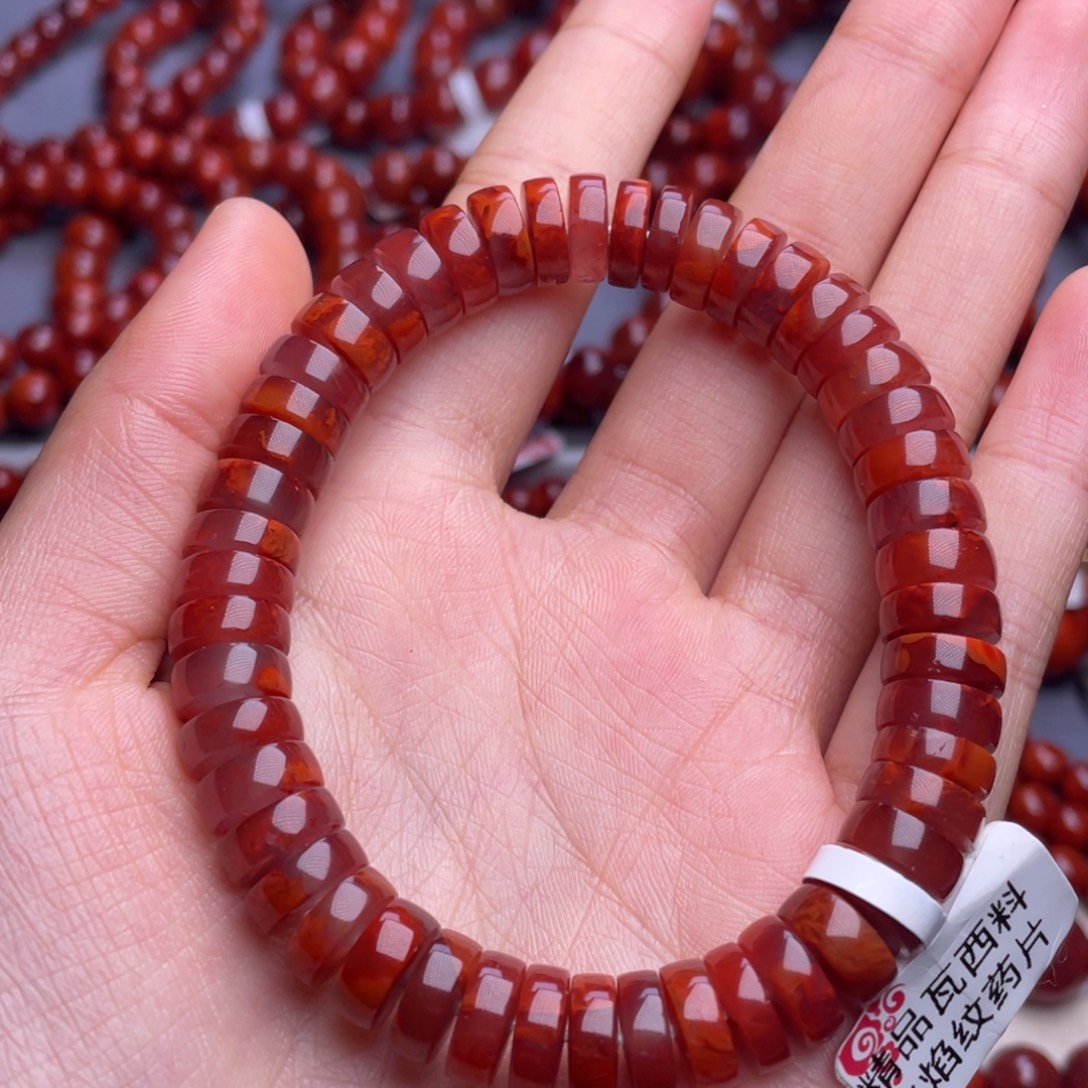 南红玛瑙未镶嵌其他10mm精工瓦西牛血红火焰药片手串