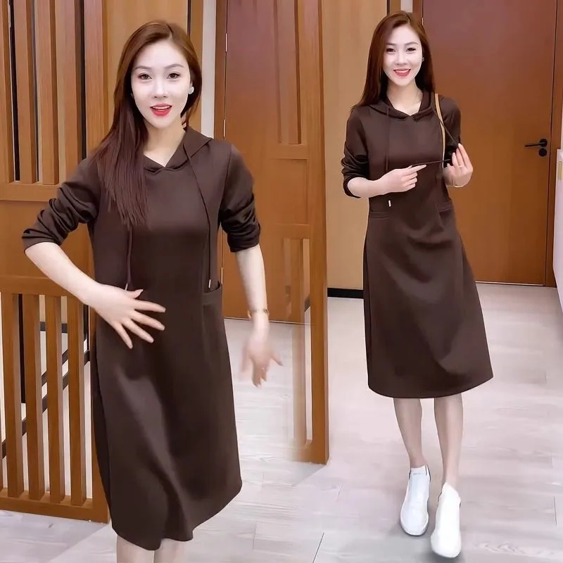 高级感时尚纯色连帽卫衣裙女春秋季新款显瘦宽松中长款a字连衣裙