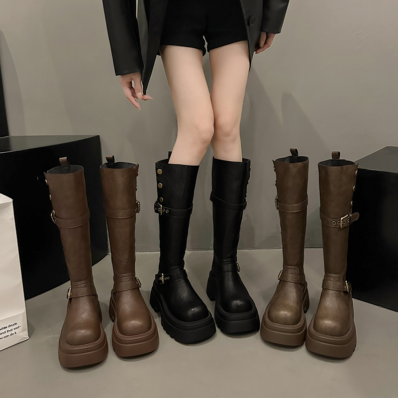 小个子长筒靴女2025新款秋季棕色靴子美拉德厚底骑士靴高筒瘦瘦靴