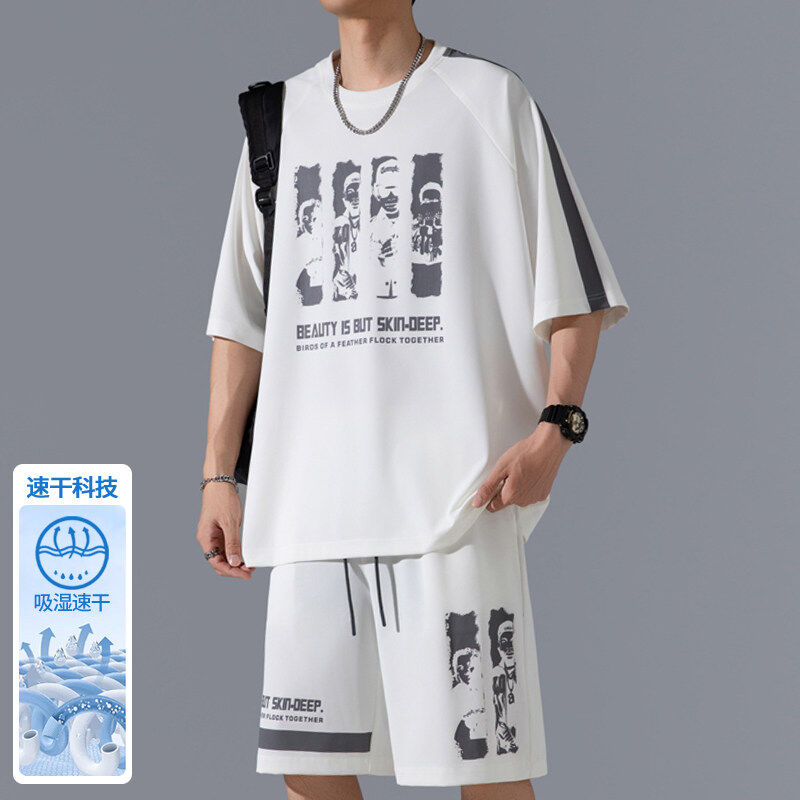 2025夏季新款潮流冰丝印花短袖短裤两件套时尚宽松休闲运动套装