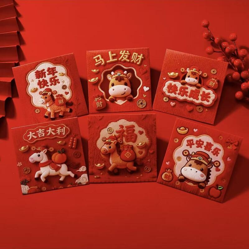 水果清新花草立体平面仿刺绣5D马年红包毛绒新年通用利是封压岁包