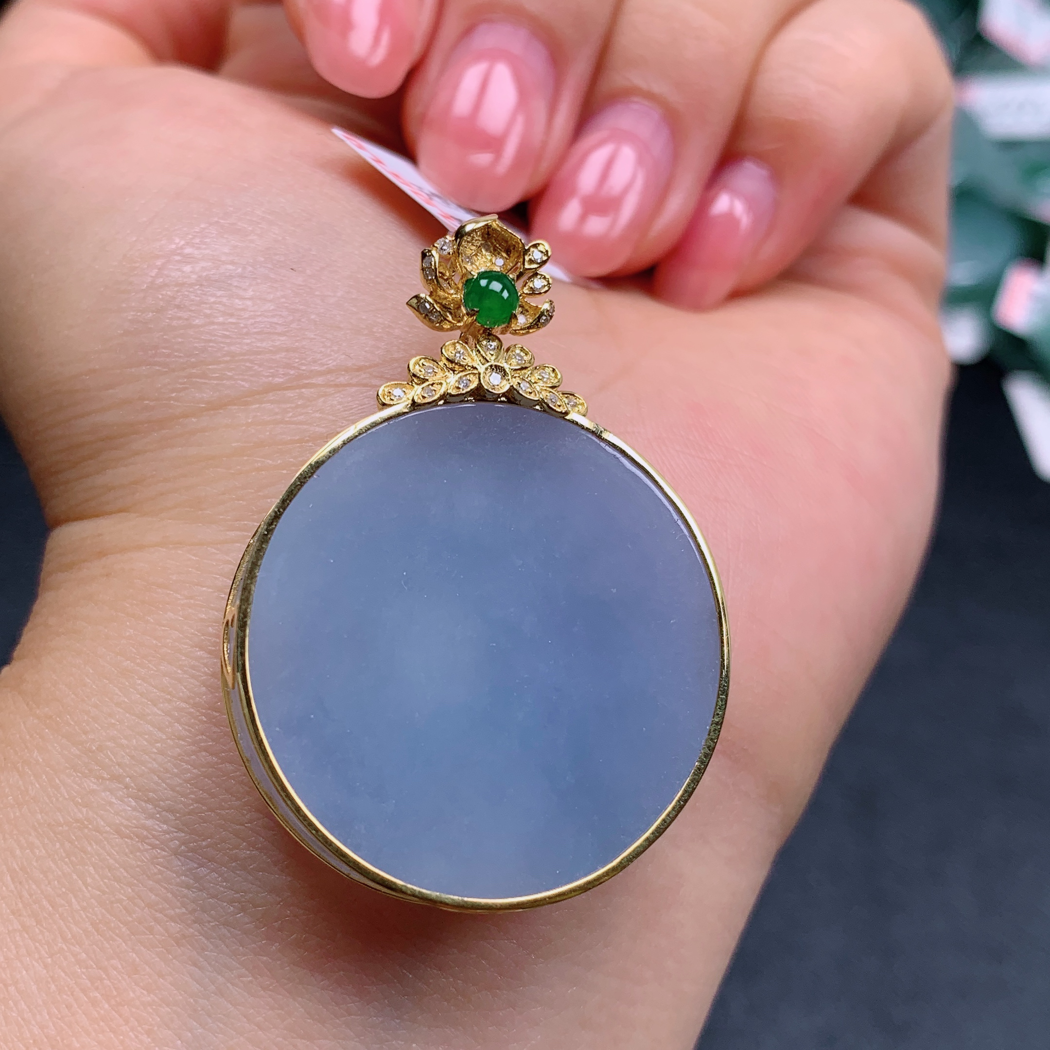 天然缅甸翡翠A货18k金紫色无事牌园牌气质精美尺寸41.8+30.8+5.7