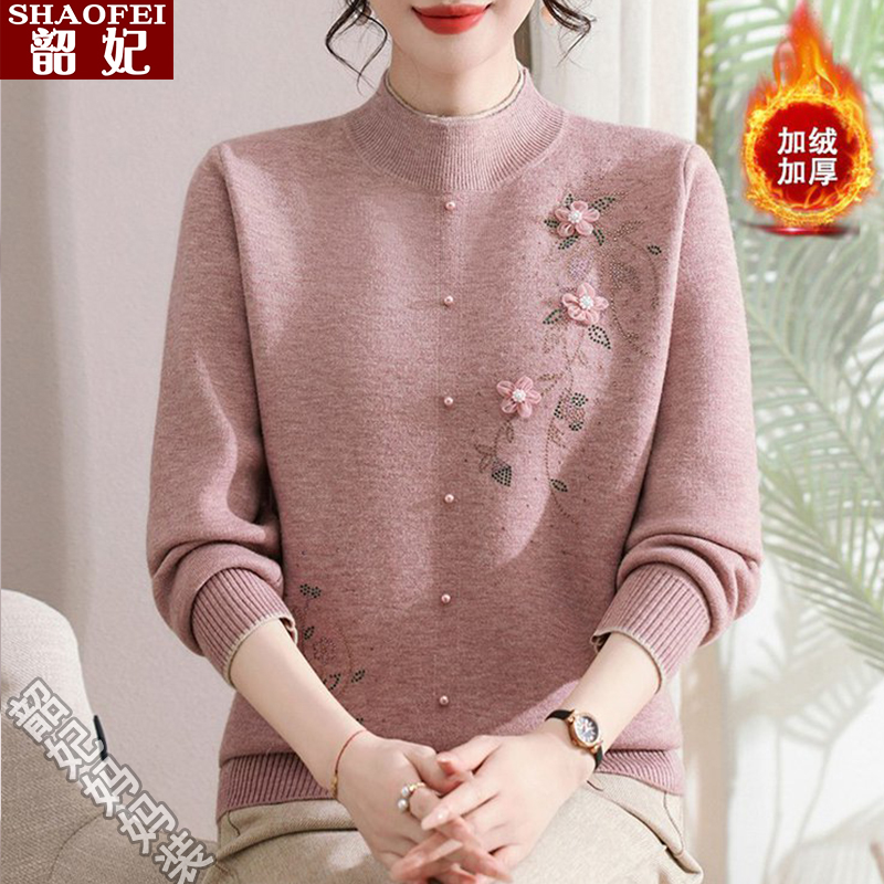 妈妈秋冬加绒加厚毛衣新款半高领保暖上衣服中老年女装洋气打底衫