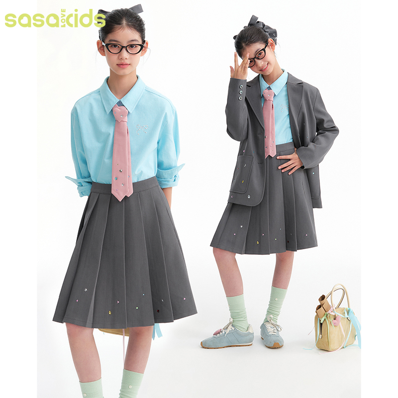 sasakids【海盐柠檬奶糕】全棉水洗经典百搭精致蝴蝶结烫钻衬衫女童