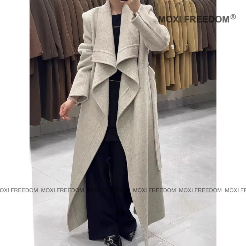 【波尔多德】25年秋冬新款正肩腰带款休闲中长款双面羊毛大衣外套女